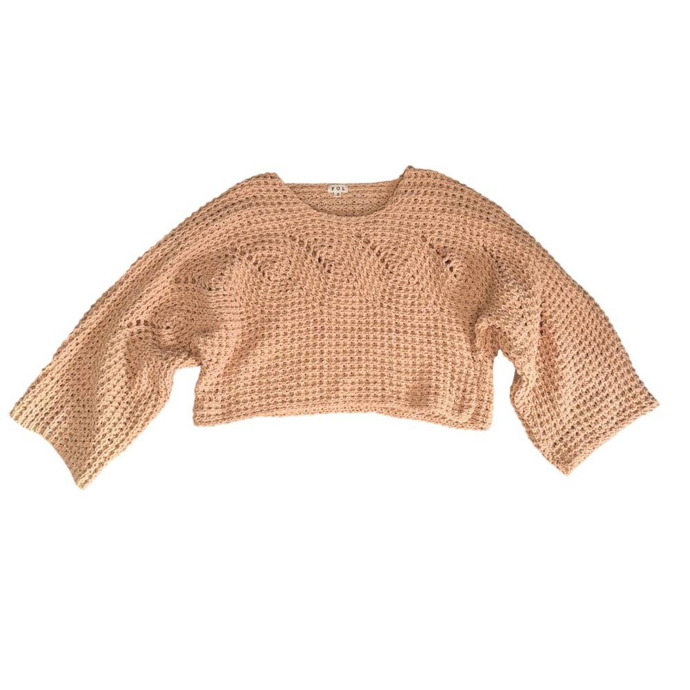POL Crochet Knit Sweater Womens Small Peach Excellent Cropped Boho Bell Sleeve‎